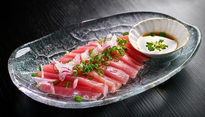 芸術的に盛り付けられた鯛の薄造り（鯛の薄切りのカルパッチョ）を、氷のように冷たいガラス皿に盛り付け、ネギ、大根おろし、柚子の皮を少々添え、ポン酢を添えていただきます。