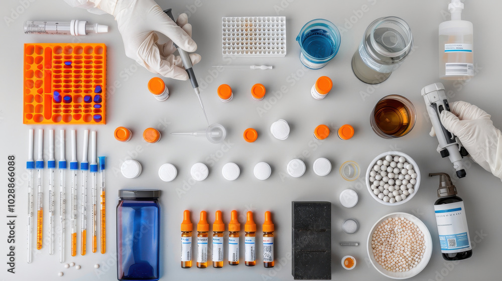 Poster laboratory workbench filled with scientific equipment, including pipettes, vials, and various contai
