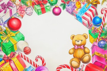 Obraz premium Festive Christmas Holiday Border with Gifts and Teddy Bear for Seasonal Greetings