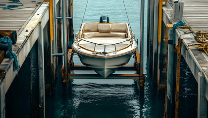 A boat on a lift at the dock, ready to be lowered into the water for an adventure.