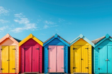Row of Colorful Beach Huts Against a Blue Sky