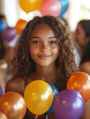 Obraz premium Imaginative Birthday Party with Colorful Balloons A vibrant scene depicting a festive setting with colorful balloons, lights and table decorations. Children and adults celebrate together with smiles.