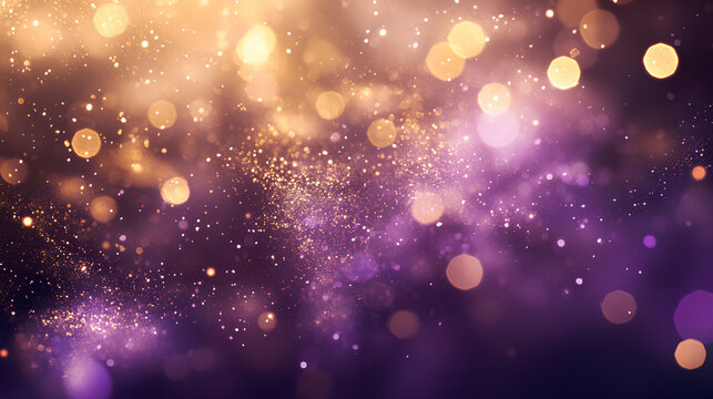 An abstract background with a blend of purple and gold bokeh, featuring shimmering lights and a soft, dreamy quality.