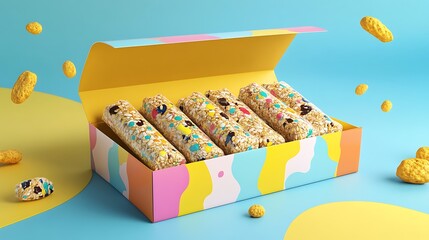 Colorful Granola Bars in Open Box on Bright Background