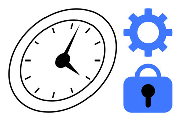 Black and white clock alongside blue gear and lock shapes. Ideal for productivity, time management, efficiency, security, and planning. Simple, modern, clean style for illustrating these concepts