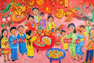 Fototapeta premium Festive Family Gathering: Vibrant Naive Children's Painting for Lunar New Year Celebration