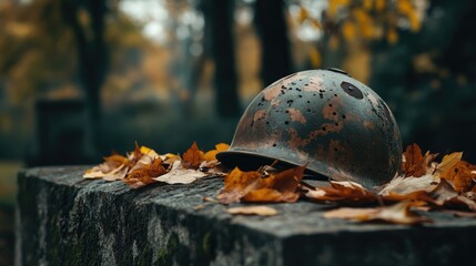 An antique military helmet resting on a stone monument, surrounded by autumn leaves scattered on the ground