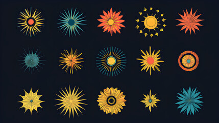 This image features a collection of 18 stylized flower and starburst designs in vibrant colors against a black background.
