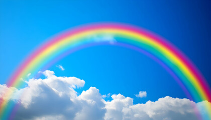 A brilliant rainbow arching across a bright blue sky, promising joy