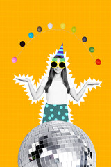 Sketch image composite 3D of collage of happy birthday greeting card young lady cone hat carefree relax dance disco ball party celebrate