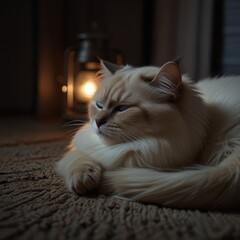 A white cat with blue eyes lies on a rug in front of a lantern with a warm glow.