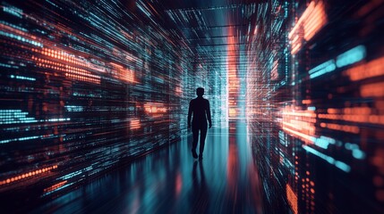 Digital Corridor with Human Silhouette and Data Streams
