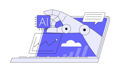 Robot arm with microchip, ai processor. Bot Hand from laptop with chip. Flat vector illustration.