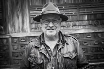 Obraz premium Black and white portrait, of a middle aged smiling man in hat