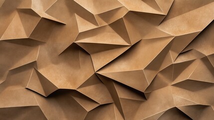 Abstract geometric pattern with tan and brown textured 3D surface, featuring folded triangular shapes creating a modern and artistic design.
