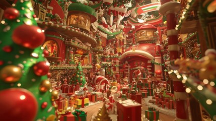 Obraz premium Enchanting Santa's Workshop Fantasy - Festive Holiday Scene with Elves Crafting Toys and Bright Decorations, Cinematic Lighting