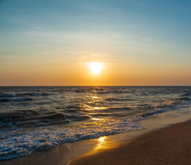 Sunset sea panorama view landscape horizon beautiful summer season shore nobody wind soft wave cool holiday look calm big sunset sky twilight evening day time nature tropical coast ocean water travel