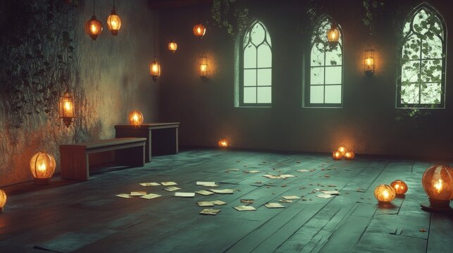 An empty scene featuring a quiet chapel corner filled with glowing lanterns, simple wooden benches, and prayer cards scattered on the floor,