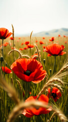 Naklejka premium single poppy stands out a field wheat