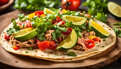 Tuna Tortilla with avocado, fresh salsa, limes, greens, parsley, tomatoes, red yellow pepper. colorful vegetable. Healthy Food
