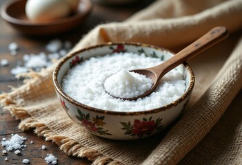 White Sugar in Bowl with Wooden Spoon