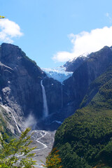 Glacier and waterfall at Ventisquera Colgante Quelat National Park Vertical Image