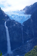 Glacier and waterfall at Ventisquera Colgante Quelat National Park Vertical Image