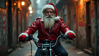 Fototapeta premium Santa Claus on a motorcycle in a gritty city street