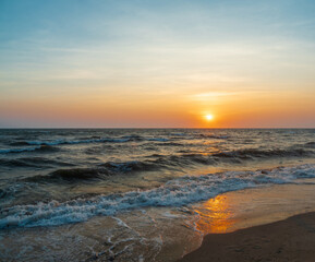 Sunset sea vertical view landscape horizon beautiful summer season shore nobody wind soft wave cool holiday look calm big sunset sky twilight evening day time nature tropical coast ocean water travel