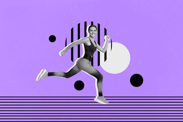 Composite collage picture image of young sportswoman running sprint have fun fitness weight loss...
