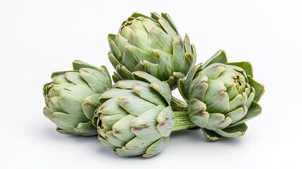 Obraz premium Four Fresh Artichokes Clustered Against Plain White Background, Characteristic Green Leaves with Subtle Color Variations and Slightly Spiky Appearance, Soft Lighting Highlighting Natural Texture