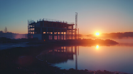 A building under construction is silhouetted against the vibrant colors of a sunset, reflecting in the calm water.