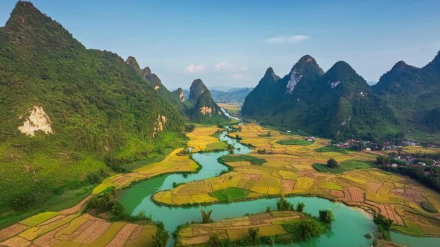 Hyperlapse aerial drone view of rice terrace paddle field around the river at Phong Nam, Trung Khanh, Cao Bang, Vietnam

