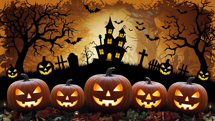 Spooky Halloween pumpkins and haunted house with orange and black colors. 
