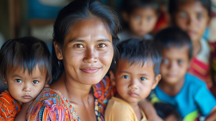 Smiling asian mother with her little children 