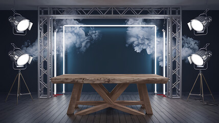 Rustic wooden table, illuminated by spotlights, in a modern, industrial-style setting.
