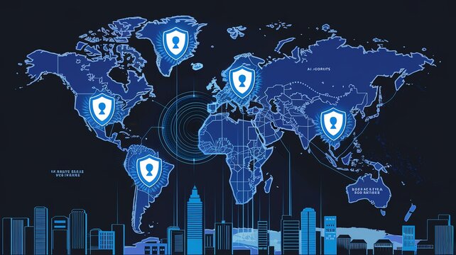 Digital world map with shield icons representing global cybersecurity and protection over a city skyline.