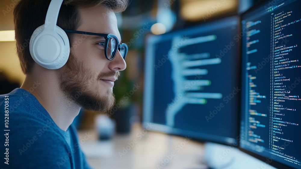 Poster tech professional with headphones coding a close-up shot of a young tech professional working in a m
