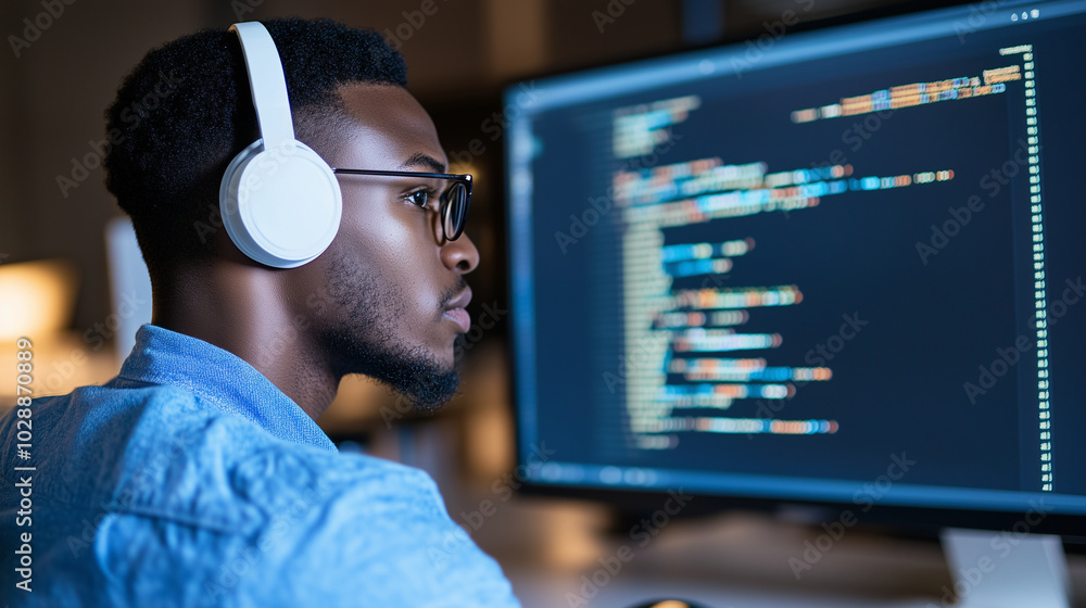 Poster tech professional with headphones coding a close-up shot of a young tech professional working in a m