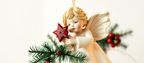 porcelain angel holds a red star ornament