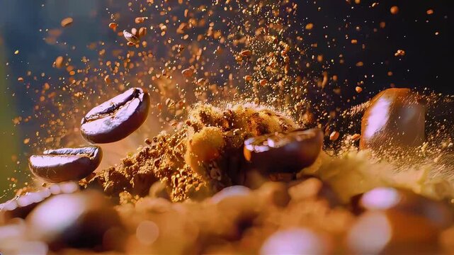 Dynamic coffee explosion with beans and ground coffee creating an artistic display.