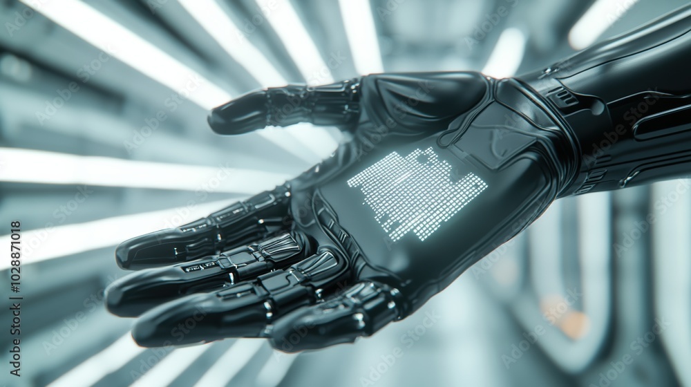 Poster futuristic robotic hand displaying digital data in a high-tech environment, ai