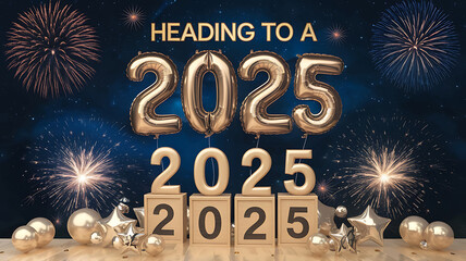 Fototapeta premium Golden balloons and fireworks celebrate the arrival of 2025, perfect for New Year's Eve designs. 