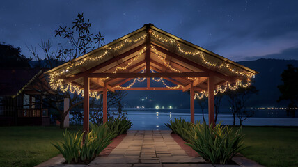 Romantic Evening Gazebo Lights Water Blue Brown Warm Intimate Destination Wedding Vacation Relaxation
