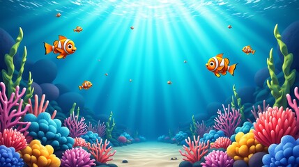 Kid's fantasy underwater background featuring colorful fish and corals for playful designs