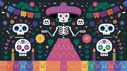 Colorful Day of the Dead illustration with pink and white skulls for festive celebration. 
