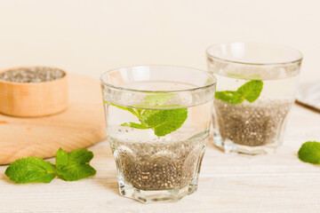Healthy breakfast or morning with chia seeds and mint on table background, vegetarian food, diet and health concept. Chia pudding with and mint