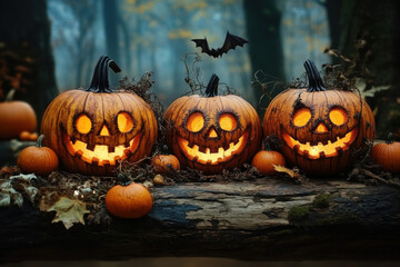 Fototapeta premium Halloween Pumpkins On Wood halloween pumpkin spooky