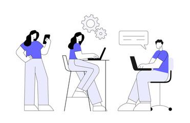 Man and woman sitting in front of laptop working. Flat vector illustration.
