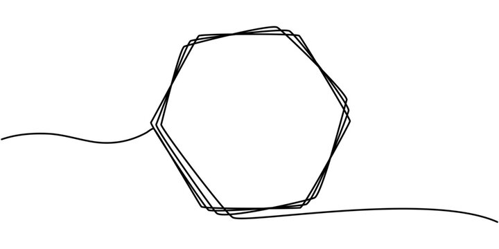 A single-line drawing of a hexagon. Continuous line hexagon icon. One line icon, A single line drawing of a pentagon. Continuous line pentagon icon. One line icon. Vector illustration, polygon frame